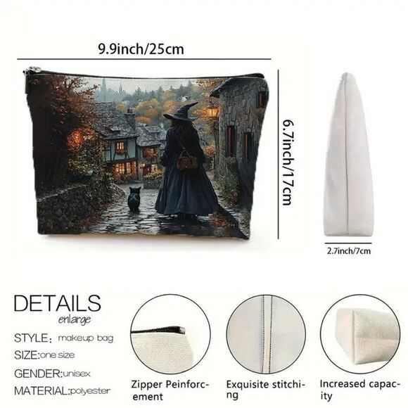 Enchanting Witch & Cat Village Scene Makeup / Cosmetic Bag  Zipper / Lightweight - Picture 2 of 2